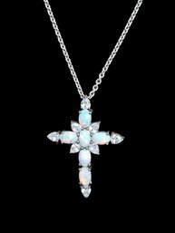 Vintage Designer KA 1772 Sterling Silver Necklace With Opal Clear Stones Cross Pendant