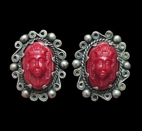 Old Vintage Sterling Silver Red Pharoah Screw On Earrings