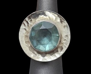 Large Vintage Sterling Silver Aquamarine Hammered Dome Statement Ring, Size 6