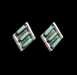 Vintage Native American Sterling Silver Turquoise Needlepoint Stud Earrings