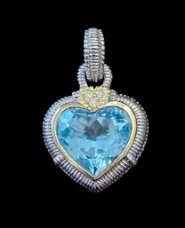 Beautiful Vintage Designer JUDITH RIPKA 18K Gold And  Sterling Silver Aquamarine Stone Heart Pendant