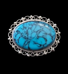 Old Vintage Sterling Silver Turquoise Brooch