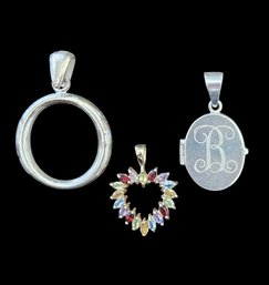 Vintage Sterling Silver Multi Color Gemstone Heart Monogrammed B Locket Pendant Lot