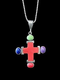 Beautiful Vintage Multi Color Cross On Italian Sterling Silver Necklace