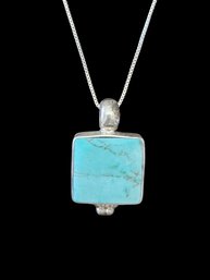 Vintage Mexican Designer ATI Sterling Silver Square Turquoise Pendant Necklace