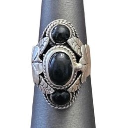 Incredible Vintage Mexican Sterling Silver Onyx Poison Pill Ring, Size 7