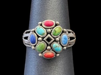 Vintage Sterling Silver Multi Color Stone Ring, Size 8