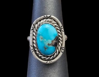 Vintage Native American Sterling Silver Turquoise Ring, Size 6.5