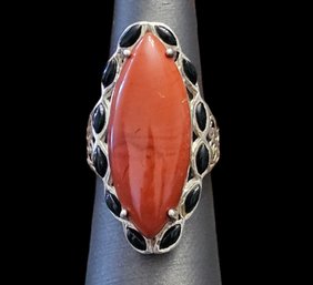 Vintage Designer CFJ Sterling Silver Carnelian Onyx Ring, Size 7.5