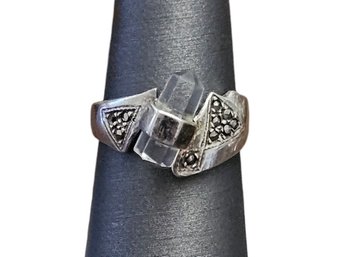 Vintage Sterling Silver Marcasite Crystal Ring, Size 7