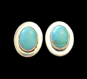 Vintage Designer ATI Mexican Sterling Silver Turquoise Cabochon Stud Earrings