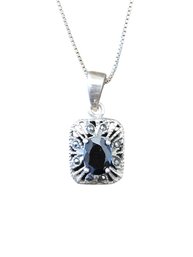 Vintage Sterling Silver Marcasite Black Faceted Stone Pendant Necklace