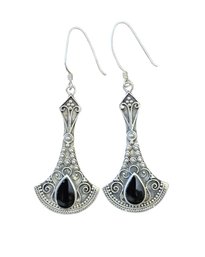 Vintage Sterling Silver Onyx Ornate Dangle Earrings