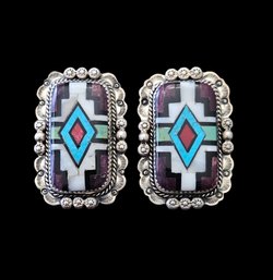 Gorgeous Vintage Designer Native American Multi Color Stone Inlay Rectangular Stud Earrings