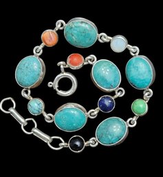 Vintage Native American Navajo Designer M L Perry Sterling Silver Multi Color Cabochon Bracelet