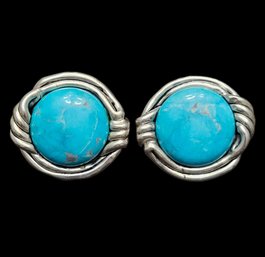 Large Vintage Designer GW Sterling Silver Turquoise Cabochon Clip On Earrings