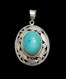 Vintage Sterling Silver Turquoise Ornate Pendant