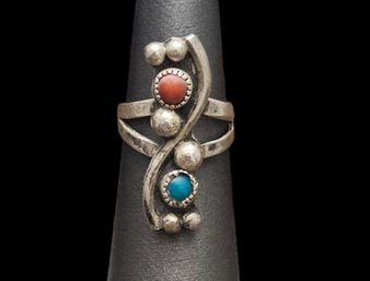 Vintage Native American Sterling Silver Turquoise Coral Ring, Size 5.5