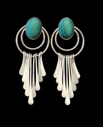 Vintage Sterling Silver Malachite Fringe Dangle Earrings