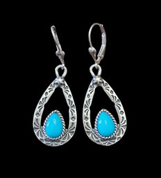 Vintage Designer CAROLYN POLLACK RELIOS AMERICAN WEST Sterling Silver Turquoise Teardrop Dangle Earrings