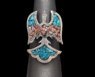 Vintage Native American Sterling Silver Navajo Turquoise Coral Inlay Peyote Bird Ring, Size 5