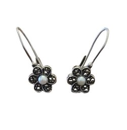 Vintage Sterling Silver Marcasite Pearl Floral Earrings