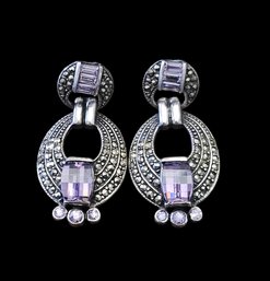 Beautiful Vintage Sterling Silver Marcasite Amethyst Dangle Earrings