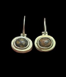 Vintage Sterling Silver Jasper Cabochon Dangle Earrings