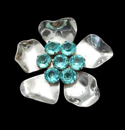 Large Vintage Sterling Silver Faceted Blue Stone Flower Brooch