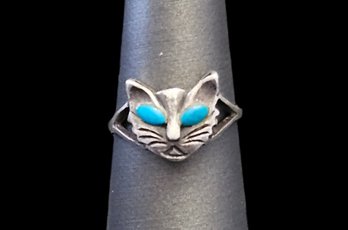 Vintage Sterling Silver Turquoise Cat Ring, Size 6.5