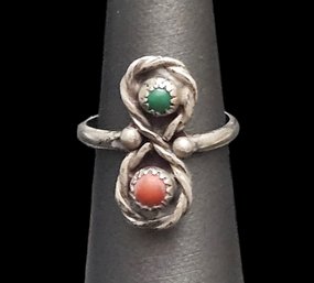 Vintage Native American Sterling Silver Turquoise Coral Ring, Size 7.5