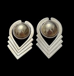 Large Vintage Taxco Mexican Sterling Silver Chevron Dome Stud Earrings