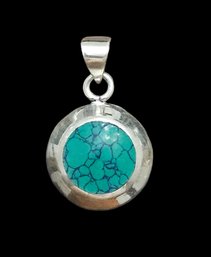 Vintage Sterling Silver Green Turquoise Color Cabochon Round Pendant