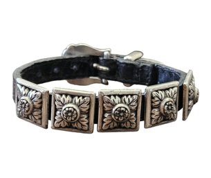 Vintage Designer BRIGHTON Sterling Silver Square Leaves Conch Leather Band Adjustable Buckle Bracelet