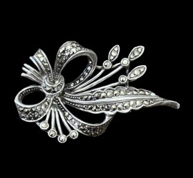 Vintage European Silver 835 Marcasite Bow W/ Floral Elements Brooch/Pin