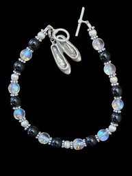 Vintage Sterling Silver Rainbow Moonstone Beaded Bracelet With Ballet Shoes Pendant