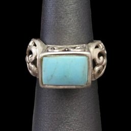 Vintage Sterling Silver Turquoise Scroll Ring, Size 6