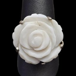 Vintage Designer CFJ Sterling Silver Mother Of Pearl Carved Rose Ring, Size 9.5