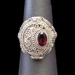 Vintage Ornate Filigree Style Sterling Silver Garnet Poison Ring, Size 6