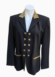 Tailored Black Blazer With Leopard Print Trim By Jules Miller