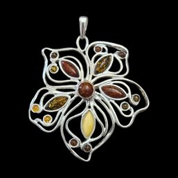 Large Vintage Sterling Silver Multi Color Amber Pendant