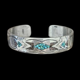 Vintage Native American Sterling Silver Turquoise Coral Inlay Cuff Bracelet