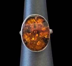 Vintage Sterling Silver Amber Ring, Size 7.5