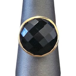 Vintage Sterling Silver Circular Faceted Onyx Ring, Size 9