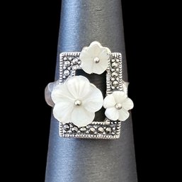 Beautiful Vintage Mother Of Pearl Marcasite Floral Rectangular Face Ring, Size 6.5