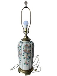 Vintage Oriental Hand Painted Ribbed Porcelain And Brass Table Lamp . 33' Tall.