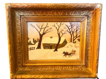Antique Oil On Board Of Horses Pulling A Sled Winter Landscape Scene Signed SW, (B-5)
