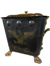 Vintage Tin Fire Wood Box With Eagle Decoration And Claw Feet.