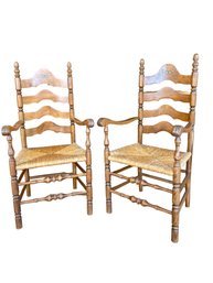 Pair  Vintage ,stenciled Ladder Back Dining Country Arm Chairs With Rush Seats