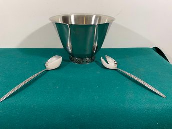 Mid-Century Stainless Steel Salad Bowl With Utensils, Velvet By Stanley Roberts.